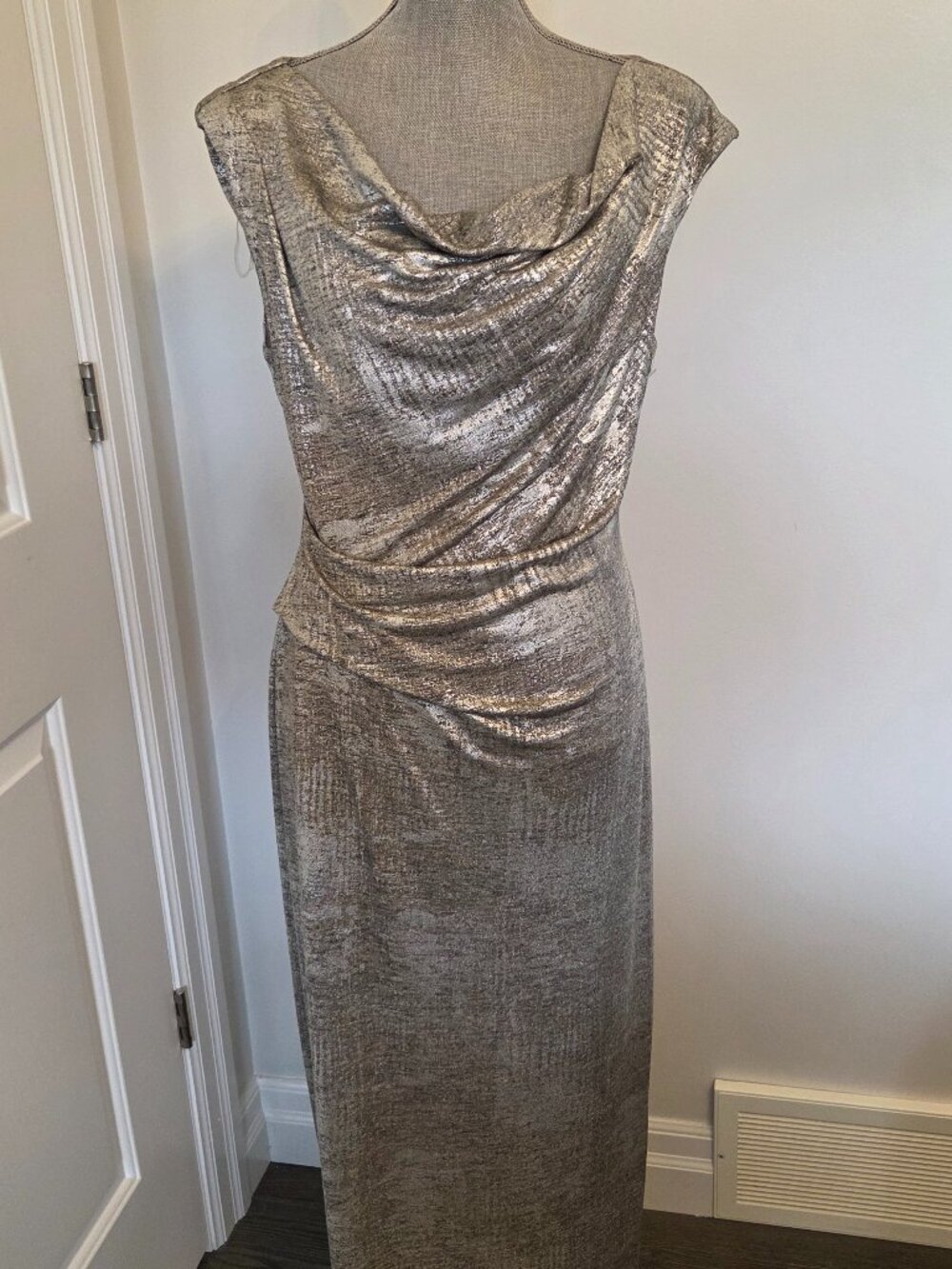 Long shimery cowl neck dress with ruched waist. Silver/beige size 12